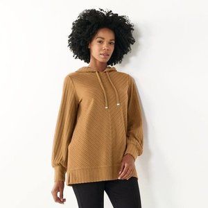 Nine West XXL Tunic‎ Top Elson Tan Fleece Hoodie Striped Pullover Long Sleeve
